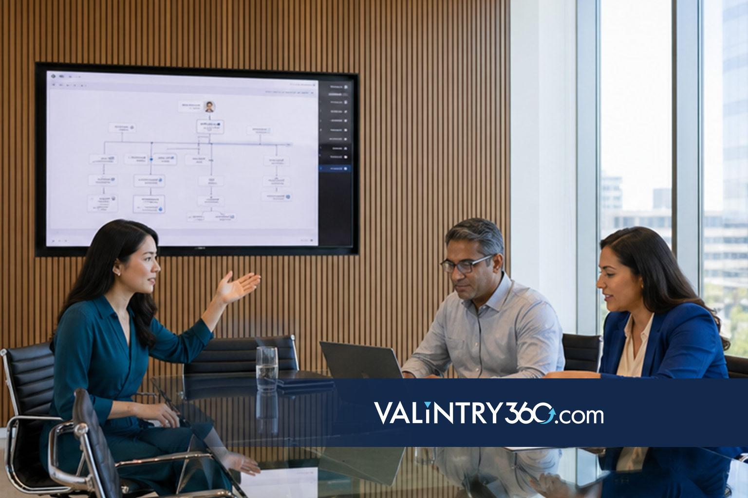 CRM director, marketing ops manager, and VALINTRY360 Salesforce architect discussing implementation strategy