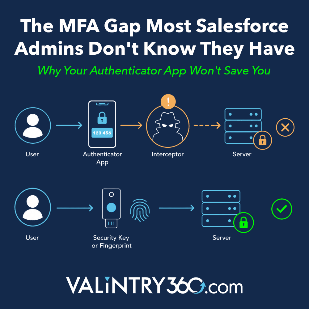 Diagram by VALiNTRY360 comparing a standard MFA authentication path being intercepted by an attacker versus a phishing-resistant hardware security key connecting directly and securely to a Salesforce server