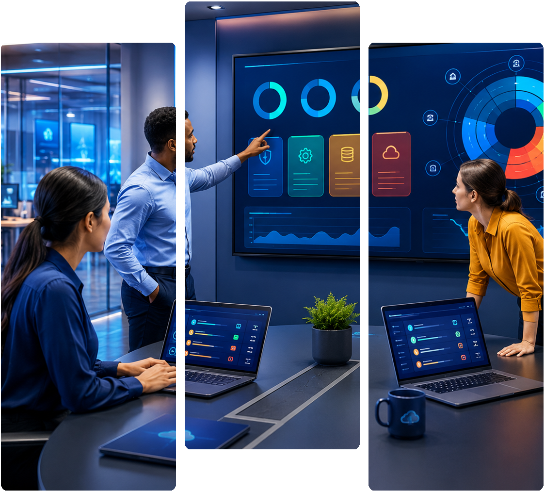 VALiNTRY360 consultants reviewing a Salesforce org health dashboard showing security, automation, and data quality metrics