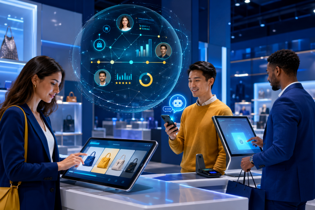 Three shoppers in an AI-powered retail environment using guided shopping, conversational AI, and unified customer data built by VALiNTRY3609