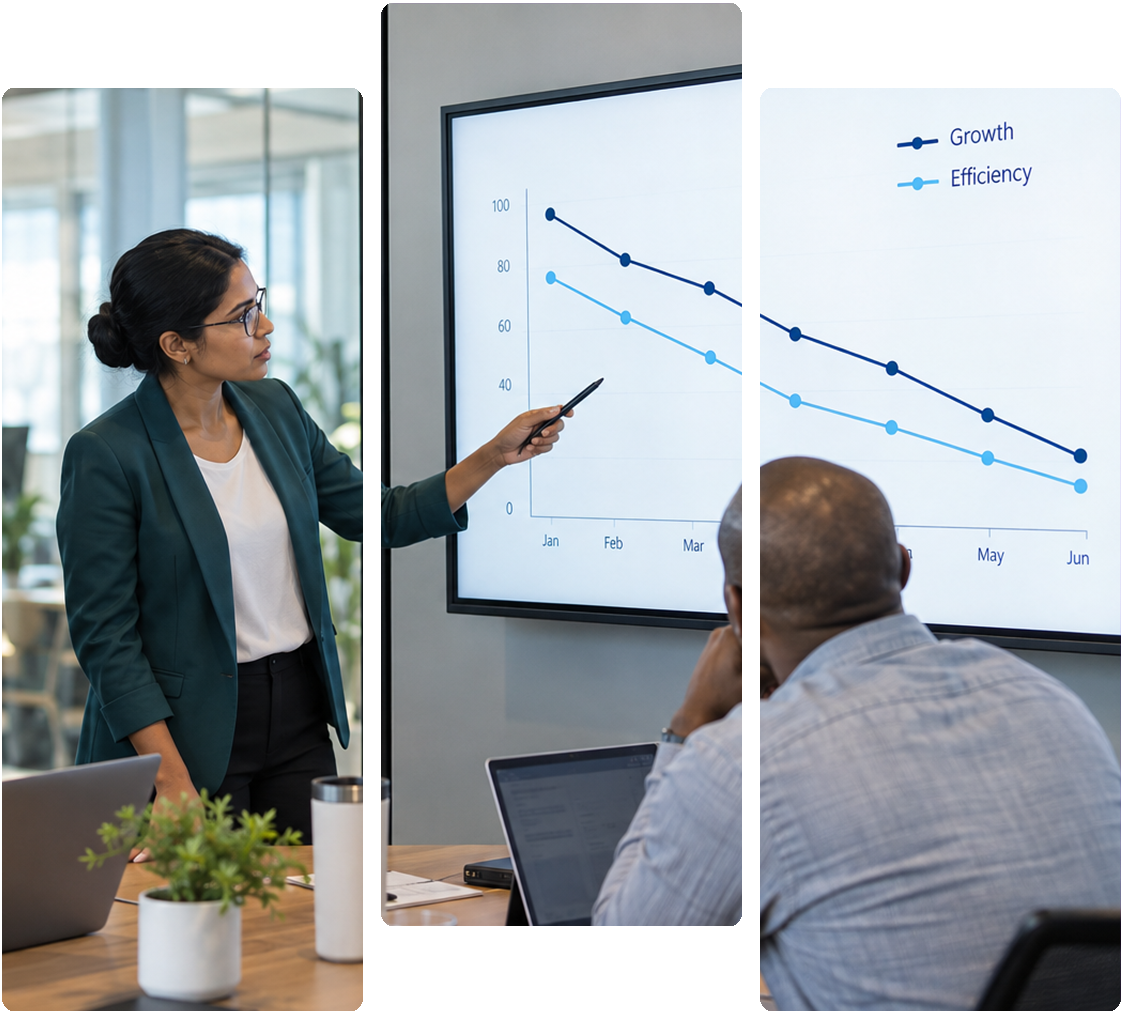 Business leadership team reviewing a chart showing declining growth and efficiency trends during a Salesforce Growth & Efficiency Roadmap discovery session with VALINTRY360