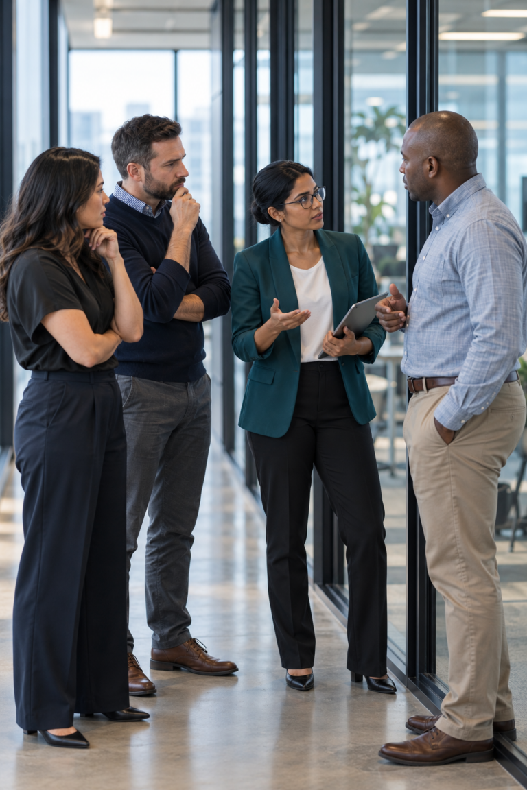 Cross-functional leadership team discussing difficult but necessary changes to their Salesforce strategy in an office hallway after their meeting with VALiNTRY360